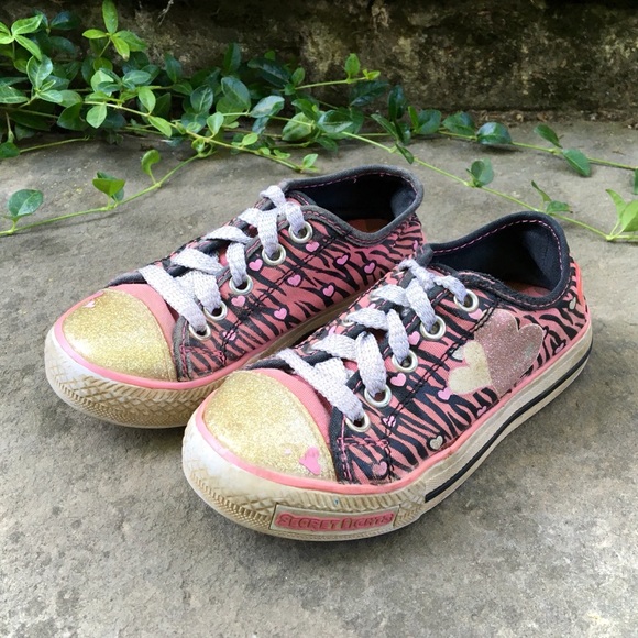 Skechers Twinkle Toes Kids Gold Pink Black Animal Print Sneakers Court Gym Shoes - Picture 1 of 13